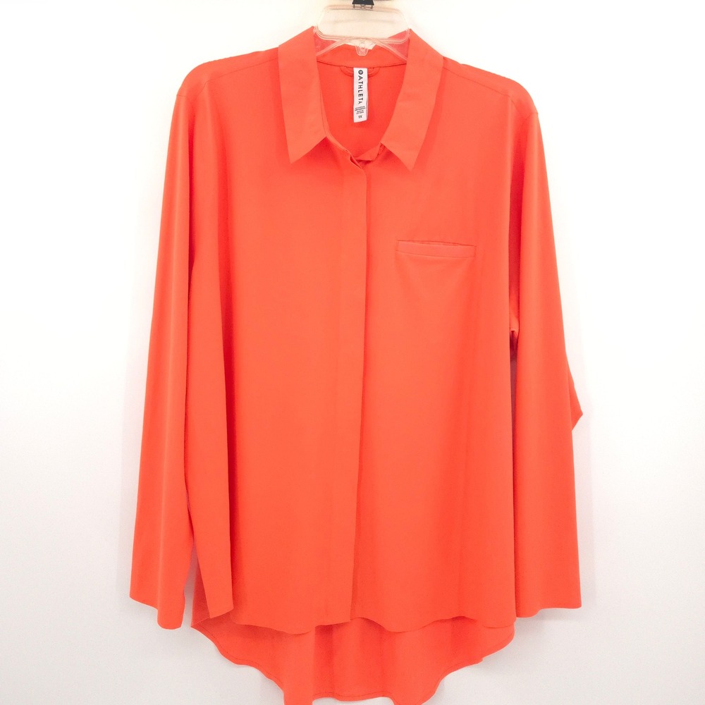 Athleta Urbanite Button Down Shirt Womens 1X Orange Long Sleeve High Low Hem